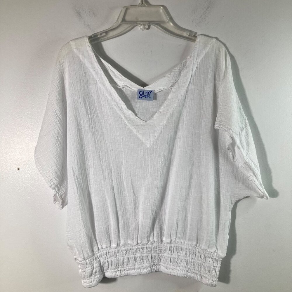 Womens Oh My Gauze V Neck Shrug Sleeve Crop‎ Top Elastic Waist XS White Cotton